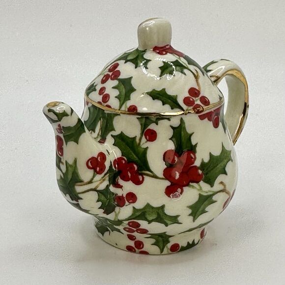 Vintage Miniature Teapot Christmas Decor Ornament Holly Pattern Gold Accents - Picture 7 of 9